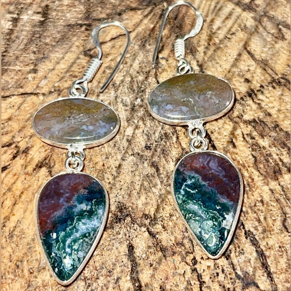 Mocha Stone Green Moss Agate Earrings 2” - Picture 4 of 5